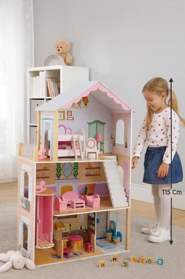 kids wooden dolls house 115cm tall 3 story play house with lift and furniture - Imagen 1 de 4