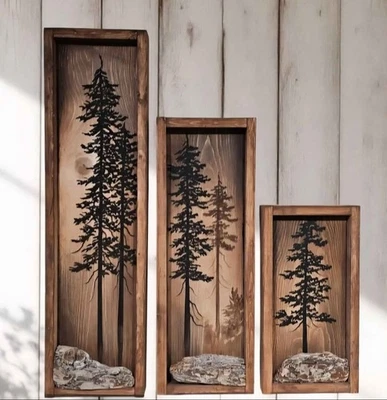 Árboles pintados a mano enmarcados en 3D sobre madera para colgar arte de pared decoración - Juego de tres - Foto 1 de 4