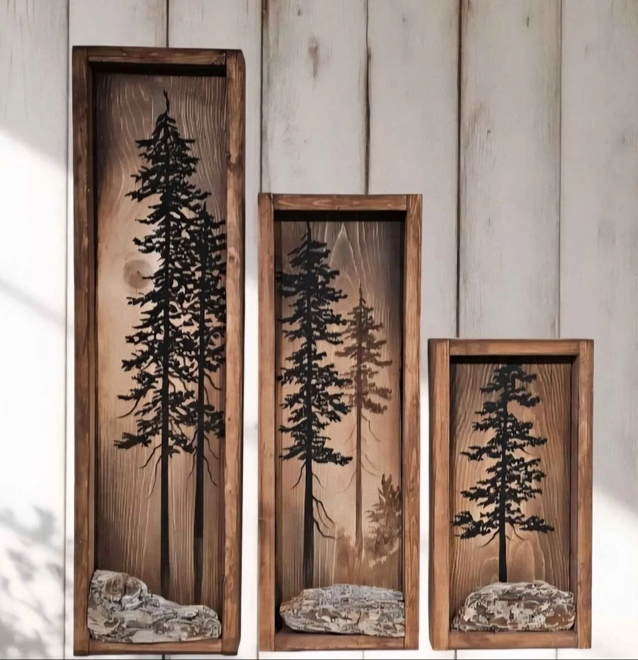 Árboles pintados a mano enmarcados en 3D sobre madera para colgar arte de pared decoración - Juego de tres - Foto 1 de 4