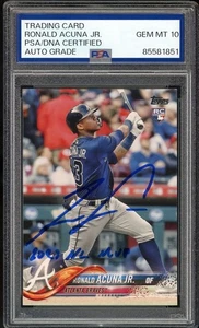 2018 Topps #698 Ronald Acuna Jr. RC 2023 NL MVP Insc PSA/DNA Auto GEM Como Nuevo 10 - Imagen 1 de 2