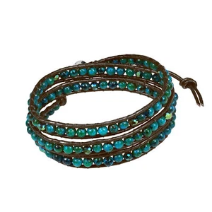 Pulsera de cuero de 3 envolturas de piedras de malaquita redondas de trébol verde - Imagen 1 de 7