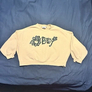 Obey Brand Cropped Crew Neck Sweatshirt Floral/Plaid Spell Out Design Size M - Picture 1 of 8