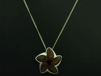 925 Collana IN Argento Sterling & Fiori Ciondolo Con Ambra / Floral / 38,5 CM - Immagine 1 di 4