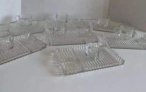 Set Of 7 Hazel Atlas Clear Glass Snack Plate/Tray&Cups Ball Ribbed Design - Picture 1 of 10
