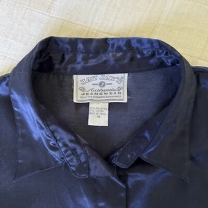 90s Vintage Jay Jays Navy Blue Cropped Satin Button Up Shirt Top Blouse - Picture 1 of 3