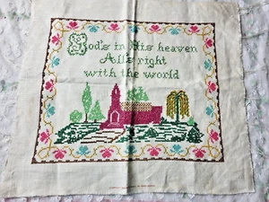 DE COLECCIÓN-MUESTREADOR DE PUNTO DE CRUZ-"DIOS EN SU CIELO" IGLESIA-COMPLETADO-NECESITA ENCUADRE - Imagen 1 de 4