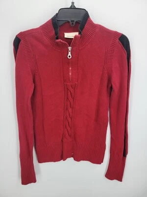 Suéter DKNY Mujer Mediano Rojo Negro Bloque de Color Cuarto Cremallera Cable Tejido Pullover Foto 1 de 4