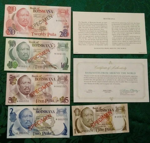 BOTSWANA 1979 1 - 20 Pula Complete 5 Specimen Set CS1 P 1-5 UNC 001551 COA Cover