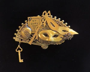 After Masquerade Ball Vintage Style Brooch Antiqued Brass Masks Diary Perfume - Picture 1 of 12