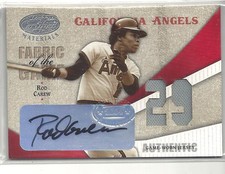 2004 LEAF CERTIFIED MATERIALS ROD CAREW FABRIC OF THE GAME AUTO JERSEY 3/5