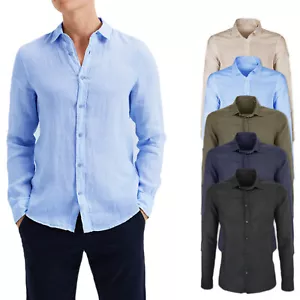 Camicia Uomo Di Lino Casual Slim Fit Manica Lunga Bianca Celeste Blu Verde Veque - Imagen 1 de 52