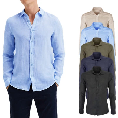 Camicia Lino Uomo Casual Camicie Manica Lunga Slim Fit Bianca Celeste VEQUE - Immagine 1 di 4