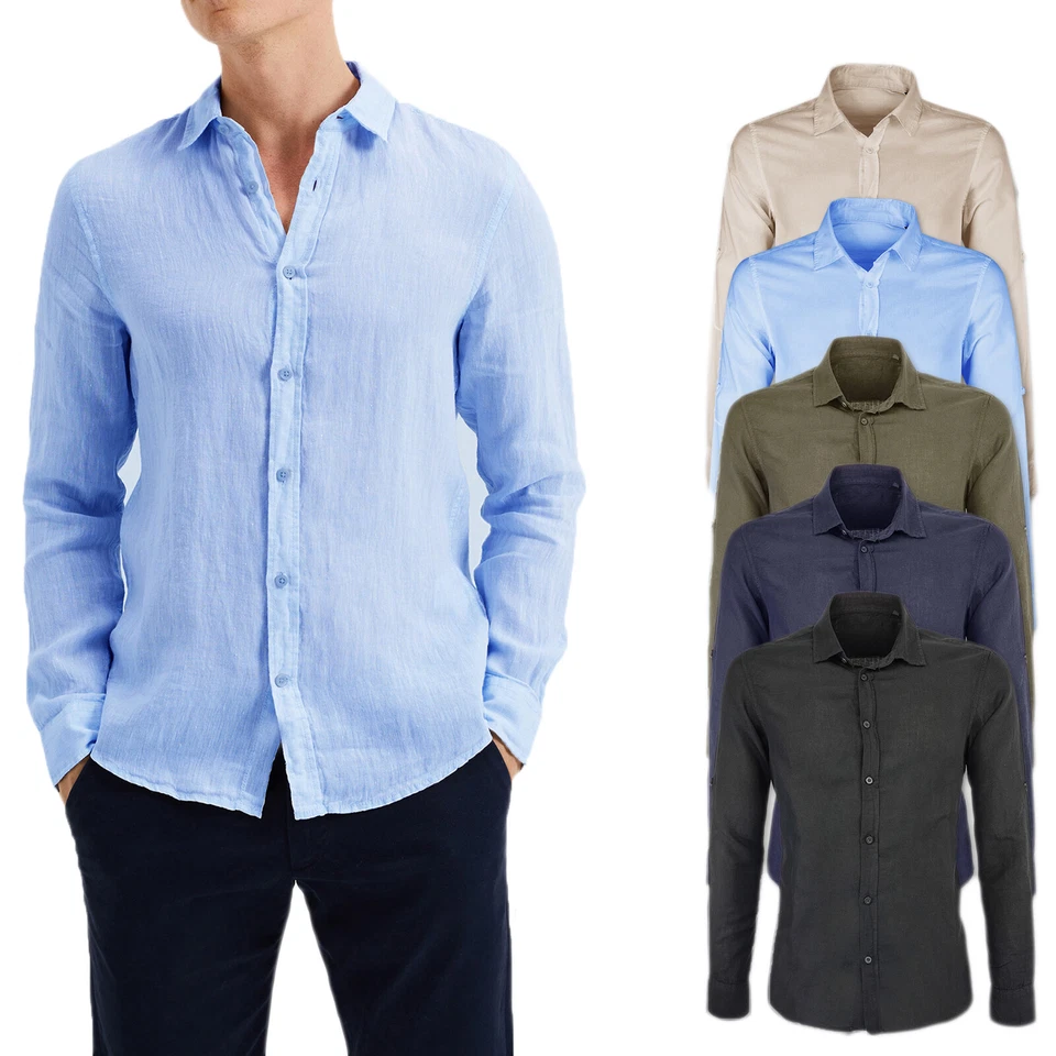 Camicia Lino Uomo Casual Camicie Manica Lunga Slim Fit Bianca Celeste VEQUE - Immagine 1 di 4