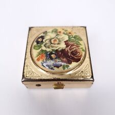 Vintage Floral PILL BOX Gold Tone Trinket Box Porcelain Top 1.5" Square