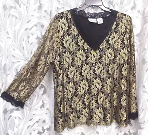 2X Kathy Ireland Gold Black Shimmer All Over Mesh & Lace Semi-Sheer Overlay Top - Picture 1 of 6