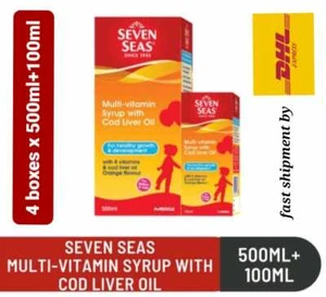 4 cajas x 500 ml + 100 ml jarabe multivitamínico Seven Seas con aceite de hígado de bacalao - Imagen 1 de 6