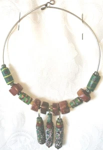 VTG TRIBAL ARTISAN BEADED COLLAR CHOKER NECKLACE HAND PAINTED TRADE BEADS AGATE - Picture 1 of 21