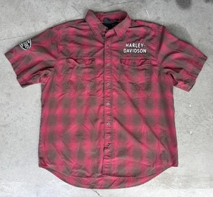 Mens Sz XL HARLEY DAVIDSON Red Plaid Short Sleeve Embroidered Shirt Button Up - Picture 1 of 8