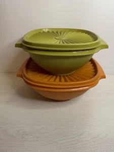 Vintage Tupperware Starburst Snap Lock Lid Set 2 Orange 838, Green 840 Storage - Picture 1 of 7