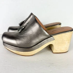 Rachel Comey Bose Tassel Clog Size 7 Gunmetal Metallic Leather Wood Platform - Picture 1 of 9