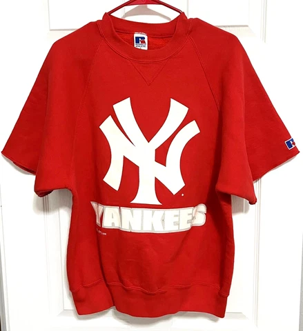 NEW YORK YANKEES Men Red Cropped Cut Short Sleeve Pullover Sweatshirt L Russell Cover