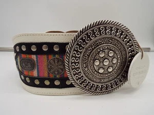 Chicos White Leather Silver Studs Circle Buckle Native American Belt Women Sz M - Picture 1 of 10