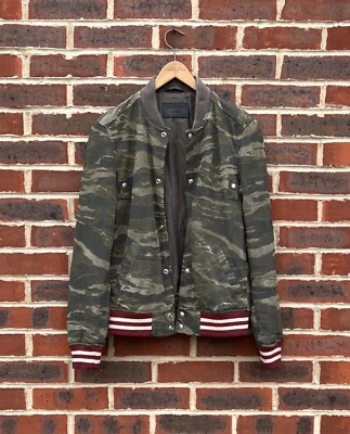 All Saints Mens MASON Suede Varsity Bomber Jacket XS Camouflage Leather B234 - Image 1 of 4