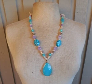 Aqua Blue Quartzite Adjustable Hemp Necklace Amazonite Amethyst Gemstone Beads - Picture 1 of 10