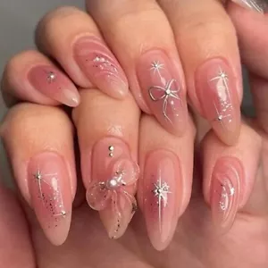 Nakhi 24 Reusable Artificial Fake Nail Set |Base Pink Peach colour with Bow Desi - Picture 1 of 4