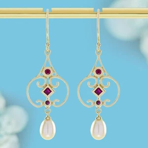 9K Yellow Gold Natural Ruby and Pearl Vintage Style Drop Earrings - Picture 1 of 6