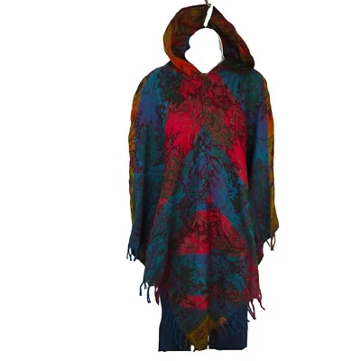 Poncho| 2 Botones|Fringe| Capucha+Bolsillo|Boho| MT | Mezcla de Lana Yak|1 Talla| Rojo/Azul Foto 1 de 4