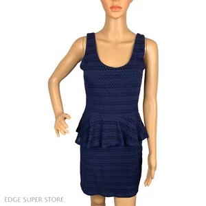 Aqua Dark Navy Blue Peplum Open Back Lace Laser Cut Scoop Neck Dress Size Medium - Picture 1 of 4