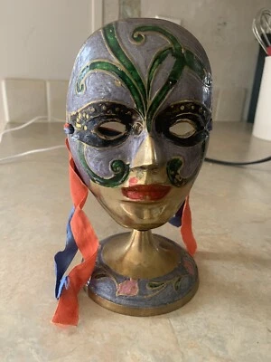Vintage Brass Mask, All Brass With Hand painted Color From India Cloisonné. Rose - Image 1 of 4
