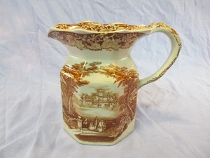 5 1/2" MASON'S IRONSTONE BROWN TRANSFERWARE PITCHER WITH CASTLE PEOPLE & LEAVES - Picture 1 of 5