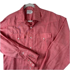 VTG 70s H Bar C Chambray Long Tail Pearl Snap Shirt Men 16.5 36 Western Pink Red - Picture 1 of 11