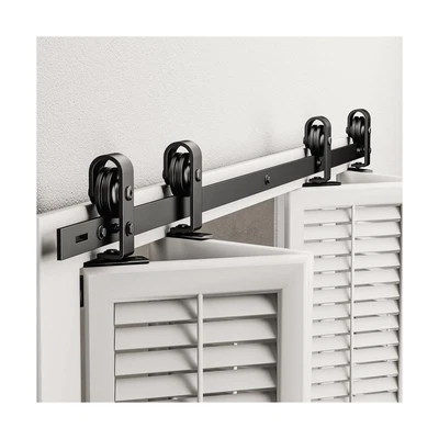 Kit de herrajes para puerta de granero plegable de 76" para 4 puertas, riel negra y montada en la parte superior... Foto 1 de 4