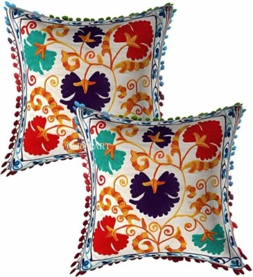 Sujnai Floral Design White Cotton Woolen Multi -Embroidered Square Pillow,EShams - Image 1 of 2