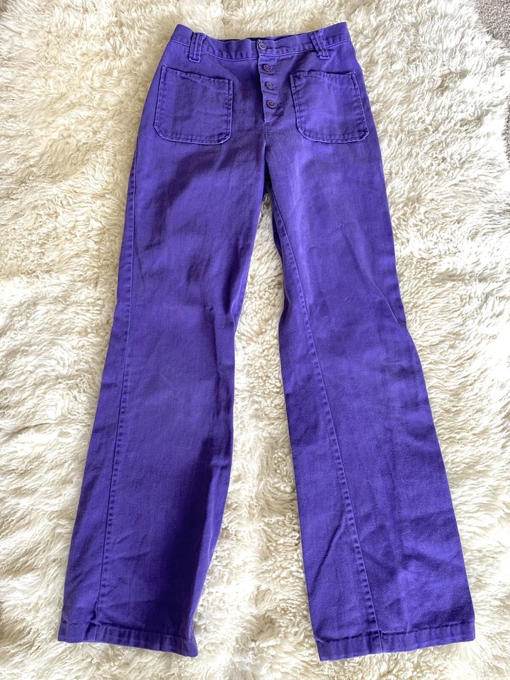 70s Vintage Sears JR Bazaar Pants 26"  Waist Boot Leg Purple Button Front USA - Image 1 of 4