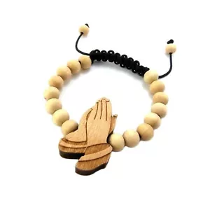 Good Quality Wood PRAYING HANDS Pendant w/ 8mm Adjustable Hip Hop Wood Bracelet - Picture 1 of 12