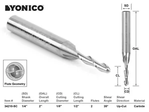 1/8" Durchmesser. 2 Flöte Kugelnase CNC Fräser Bit - 1/4" Schaft - Yonico 34210-SC - Bild 1 von 1