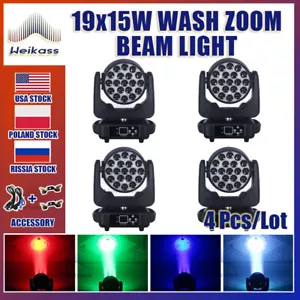 4Pcs 19x15W Led Moving Head Zoom Lyre Wash Light RGBW Effect For Stage TV Party - Picture 1 of 15