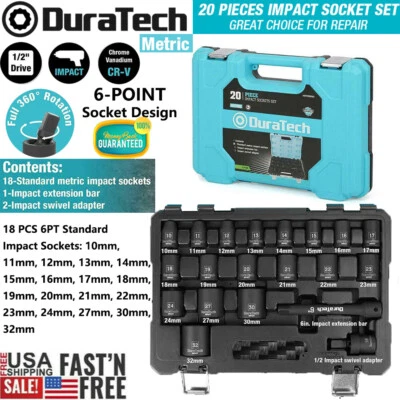 DURATECH 20PC 1/2" Drive 6 Point Impact Socket Set Standard Metric Extension Bar - Image 1 of 4