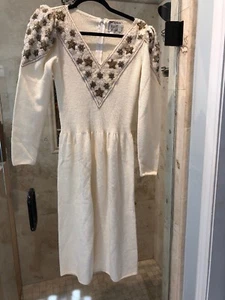 Stunning Vintage Pat Sandler  Dress Ivory Knit Beaded S 6 New - Picture 1 of 10