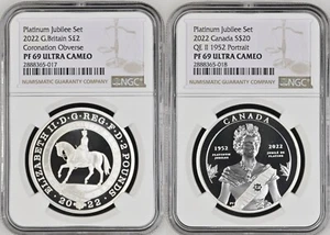 2022 2-Coin Platinum Queen Elizabeth Jubilee Silver Set NGC PF69 Canada G.B. - Picture 1 of 2