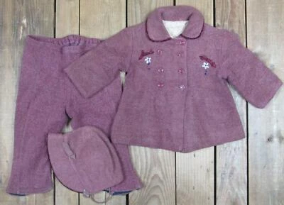 Vintage 1940s Purple/Pink Wool Girls Winter Outfit Coat Jacket Pants w/ Cap Hat — 第 1/4 张图片