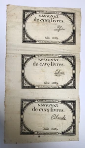 3 ASSIGNATS de CINQ LIVRES de FRANCE (Série 16583) - Domaines Nationaux - Picture 1 of 2