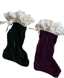 Medias de Navidad Victorianas Terciopelo Perla Encaje Conjunto De Dos Hechas A Mano De Colección - Imagen 1 de 9