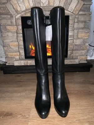 Botas altas de tacón alto de pantorrilla ancha Tai de cuero negro naturalizador nuevas sin caja talla 9,5 M Foto 1 de 4