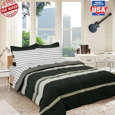 Juego de edredón reversible a rayas de rugby de 5 piezas doble ropa de cama suave duradera dormitorio caliente Foto 1 de 4