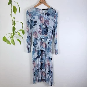 Decjuba Size 12 Dress Blue Floral Long Sleeve Flounce Midi 100% Viscose - Picture 1 of 8